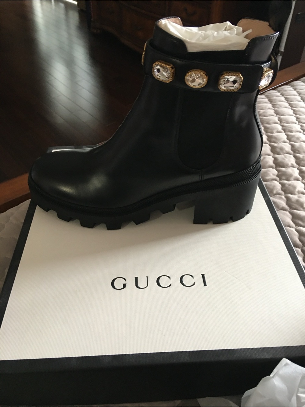Gucci Black Leather Crystal-Embellished Lug Sole Ankle Boots
